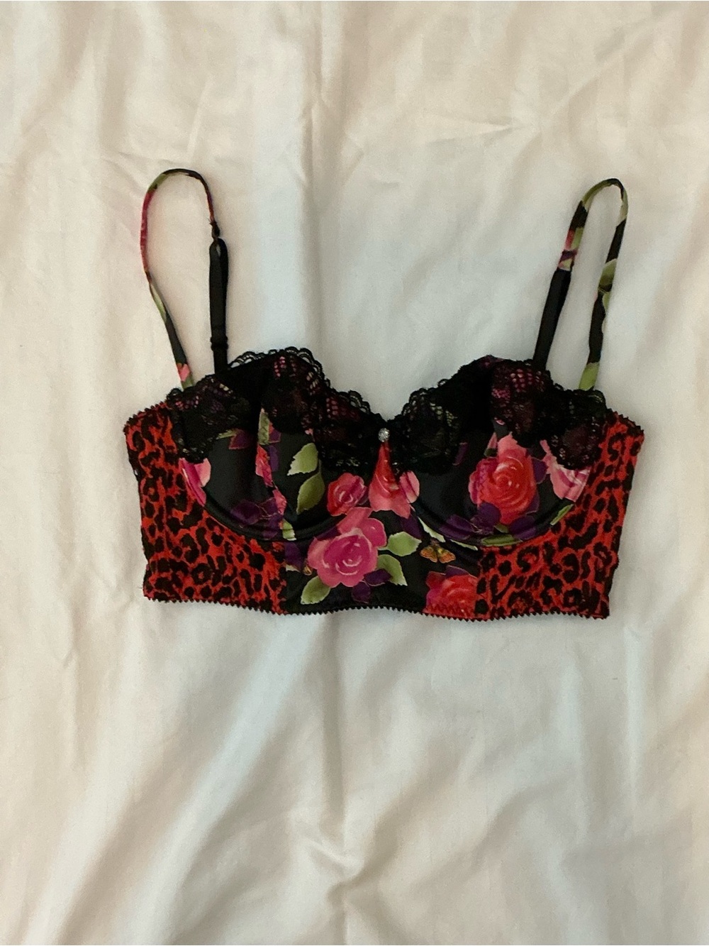 Victoria's Secret Black Bra with Red Floral & Red Leopard Accents